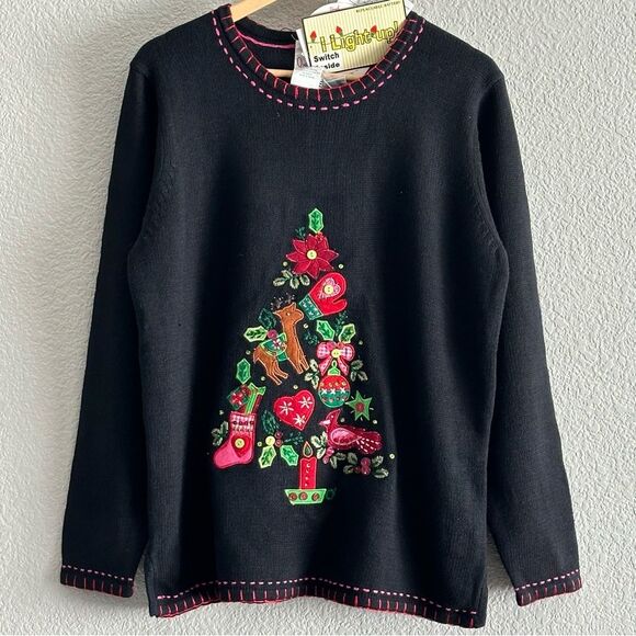 NWT Light Up Quacker Factory Sweater Black Pink Ugly Christmas Tree Size Large - Picture 1 of 9